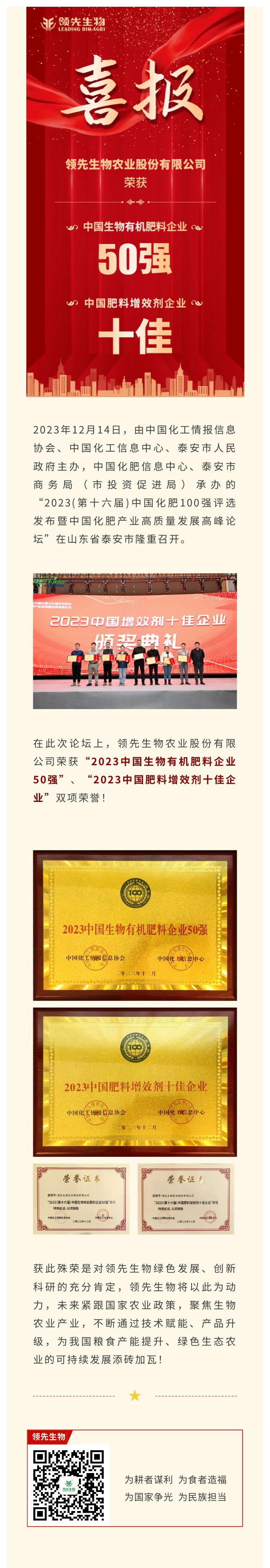 實力上榜 | 領(lǐng)先生物榮獲2023中國生物有機肥料企業(yè)50強！中國肥料增效劑十佳企業(yè)！